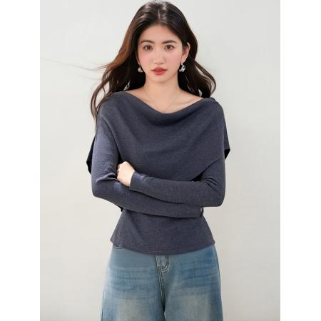 FA49247# 复古韩系v领长袖针织衫女秋季新款小众修身显瘦小衫上衣 服裝批發女裝批發服飾貨源