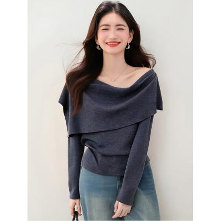 FA49247# 复古韩系v领长袖针织衫女秋季新款小众修身显瘦小衫上衣 服裝批發女裝批發服飾貨源