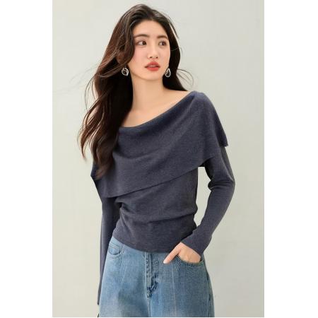 FA49247# 复古韩系v领长袖针织衫女秋季新款小众修身显瘦小衫上衣 服裝批發女裝批發服飾貨源