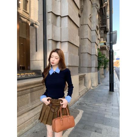 FA49248# 假两件翻领长袖针织衫女新款今年流行爆款秋冬穿搭打底衫上衣 服裝批發女裝批發服飾貨源