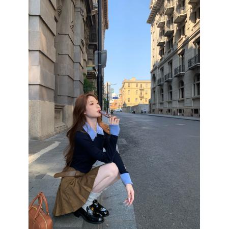 FA49248# 假两件翻领长袖针织衫女新款今年流行爆款秋冬穿搭打底衫上衣 服裝批發女裝批發服飾貨源