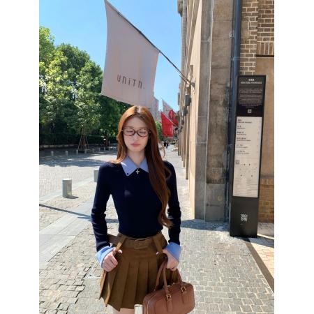 FA49248# 假两件翻领长袖针织衫女新款今年流行爆款秋冬穿搭打底衫上衣 服裝批發女裝批發服飾貨源