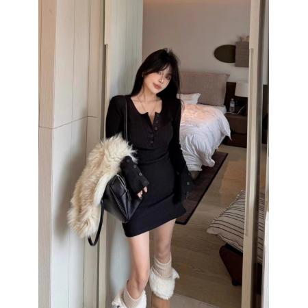 FA49249# 韩系辣妹风半开领纽扣针织连衣裙女秋冬新款配大衣短款包臀裙 服裝批發女裝批發服飾貨源