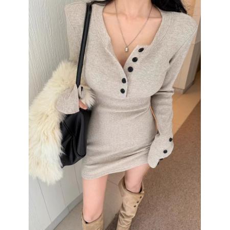 FA49249# 韩系辣妹风半开领纽扣针织连衣裙女秋冬新款配大衣短款包臀裙 服裝批發女裝批發服飾貨源
