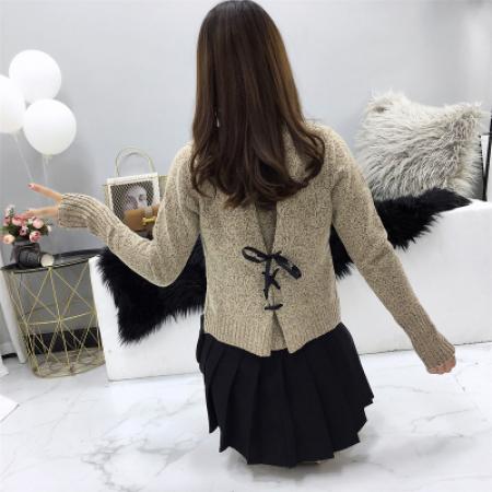 FA49250# 早秋新款女装洋气针织衫长袖上衣后背系带显瘦套头 服裝批發女裝批發服飾貨源