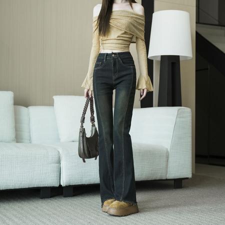 FA49251# 春秋高腰浅色微喇叭牛仔裤女毛边薄款修身设计感显瘦马蹄裤 服裝批發女裝批發服飾貨源