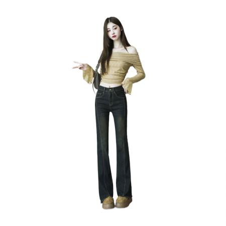 FA49251# 春秋高腰浅色微喇叭牛仔裤女毛边薄款修身设计感显瘦马蹄裤 服裝批發女裝批發服飾貨源