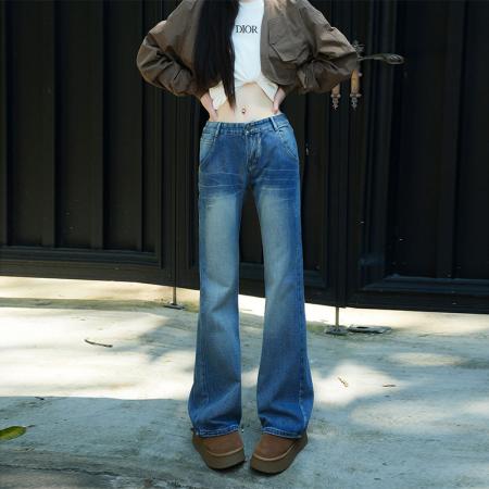 FA49252# -美式微喇牛仔裤女水洗蓝色辣妹显瘦垂感百搭直筒拖地阔腿裤 服裝批發女裝批發服飾貨源