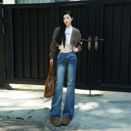 FA49252# -美式微喇牛仔裤女水洗蓝色辣妹显瘦垂感百搭直筒拖地阔腿裤 服裝批發女裝批發服飾貨源