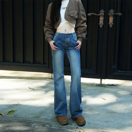 FA49252# -美式微喇牛仔裤女水洗蓝色辣妹显瘦垂感百搭直筒拖地阔腿裤 服裝批發女裝批發服飾貨源