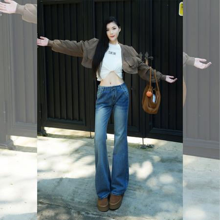 FA49252# -美式微喇牛仔裤女水洗蓝色辣妹显瘦垂感百搭直筒拖地阔腿裤 服裝批發女裝批發服飾貨源