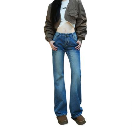 FA49252# -美式微喇牛仔裤女水洗蓝色辣妹显瘦垂感百搭直筒拖地阔腿裤 服裝批發女裝批發服飾貨源