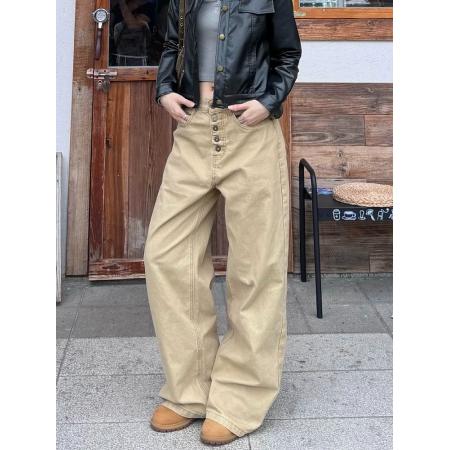 FA49254# 美式复古宽松直筒可调节排扣工装裤女阔腿拖地cleanfit长裤潮 服裝批發女裝批發服飾貨源