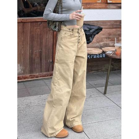 FA49254# 美式复古宽松直筒可调节排扣工装裤女阔腿拖地cleanfit长裤潮 服裝批發女裝批發服飾貨源