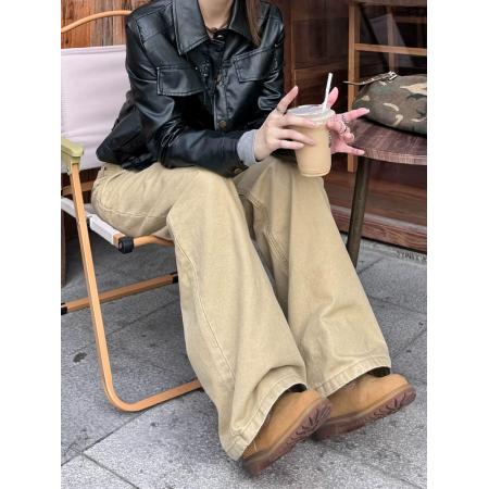 FA49254# 美式复古宽松直筒可调节排扣工装裤女阔腿拖地cleanfit长裤潮 服裝批發女裝批發服飾貨源