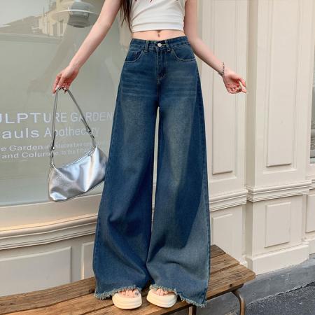 FA49256# -春秋直筒牛仔裤大码高腰阔腿长裤毛边设计遮肉拖地裤子 服裝批發女裝批發服飾貨源