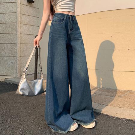 FA49256# -春秋直筒牛仔裤大码高腰阔腿长裤毛边设计遮肉拖地裤子 服裝批發女裝批發服飾貨源