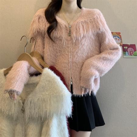 FA49257# 新款温柔慵懒风流苏毛绒开衫女短款针织衫百搭外套 服裝批發女裝批發服飾貨源