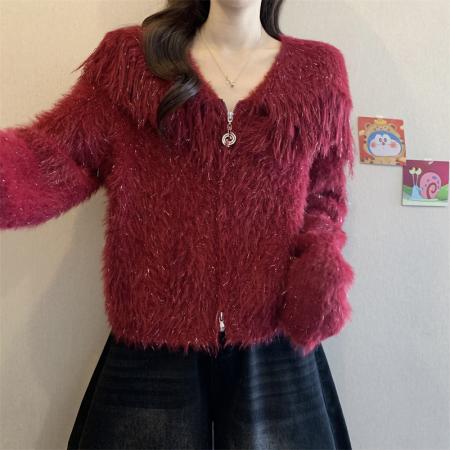 FA49257# 新款温柔慵懒风流苏毛绒开衫女短款针织衫百搭外套 服裝批發女裝批發服飾貨源