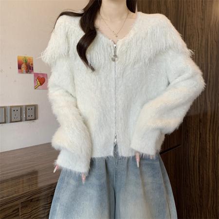 FA49257# 新款温柔慵懒风流苏毛绒开衫女短款针织衫百搭外套 服裝批發女裝批發服飾貨源