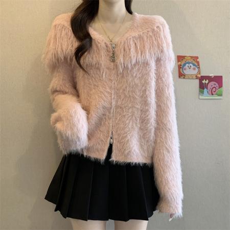 FA49257# 新款温柔慵懒风流苏毛绒开衫女短款针织衫百搭外套 服裝批發女裝批發服飾貨源