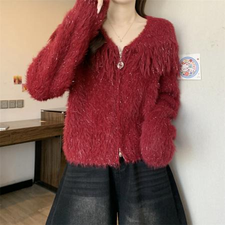 FA49257# 新款温柔慵懒风流苏毛绒开衫女短款针织衫百搭外套 服裝批發女裝批發服飾貨源