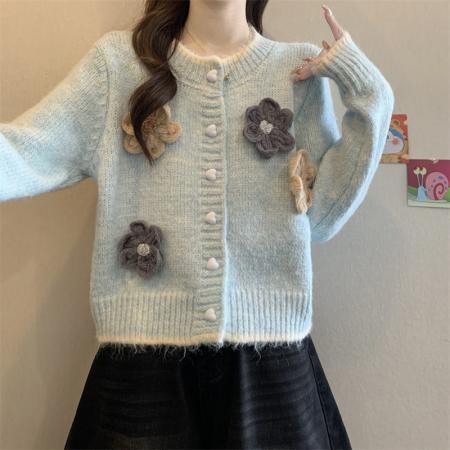 FA49258# 新款设计感拼色爱心纽扣毛衣女宽松圆领针织开衫上衣 服裝批發女裝批發服飾貨源