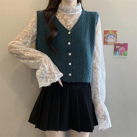 FA49259# 新款法式蕾丝上衣设计感小众碎花上衣衬衣+无袖针织马甲 服裝批發女裝批發服飾貨源