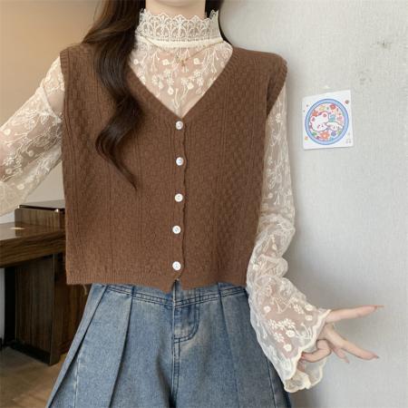 FA49259# 新款法式蕾丝上衣设计感小众碎花上衣衬衣+无袖针织马甲 服裝批發女裝批發服飾貨源