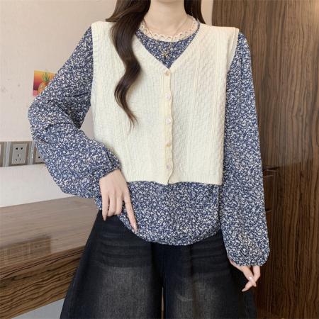 FA49259# 新款法式蕾丝上衣设计感小众碎花上衣衬衣+无袖针织马甲 服裝批發女裝批發服飾貨源