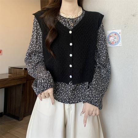 FA49259# 新款法式蕾丝上衣设计感小众碎花上衣衬衣+无袖针织马甲 服裝批發女裝批發服飾貨源