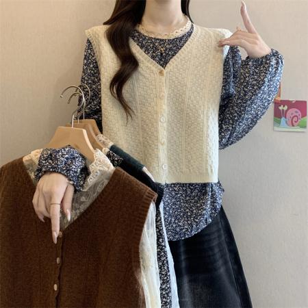 FA49259# 新款法式蕾丝上衣设计感小众碎花上衣衬衣+无袖针织马甲 服裝批發女裝批發服飾貨源