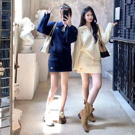 FA49261# 新款慵懒风针织套装polo领麻花纹毛衣+短裙两件套女 服裝批發女裝批發服飾貨源