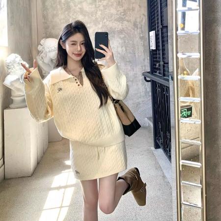 FA49261# 新款慵懒风针织套装polo领麻花纹毛衣+短裙两件套女 服裝批發女裝批發服飾貨源