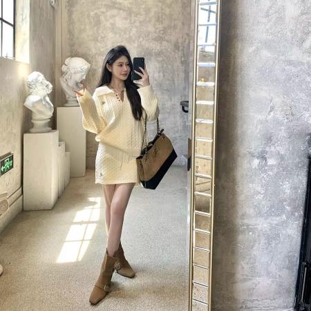 FA49261# 新款慵懒风针织套装polo领麻花纹毛衣+短裙两件套女 服裝批發女裝批發服飾貨源