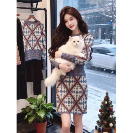 FA49266# 小个子穿搭一整套装新款辣妹格纹软糯针织衫毛衣半身裙两件套 服裝批發女裝批發服飾貨源