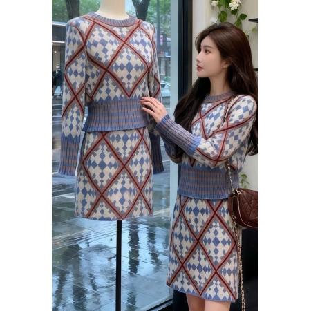 FA49266# 小个子穿搭一整套装新款辣妹格纹软糯针织衫毛衣半身裙两件套 服裝批發女裝批發服飾貨源