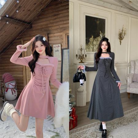 FA49268# 大码胖mm毛毛拼接长袖气质收腰连衣裙女秋冬新款 服裝批發女裝批發服飾貨源