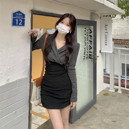 FA49269# 秋新款显瘦百搭气质拼色磨毛V领包臀连衣裙收腰褶皱裙 服裝批發女裝批發服飾貨源