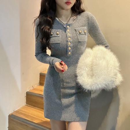 FA49271# 法式灰色针织连衣裙子女秋冬季新款高级感纯欲修身内搭包臀裙 服裝批發女裝批發服飾貨源