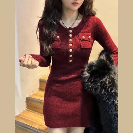 FA49271# 法式灰色针织连衣裙子女秋冬季新款高级感纯欲修身内搭包臀裙 服裝批發女裝批發服飾貨源