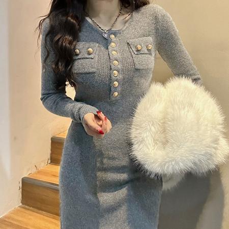 FA49271# 法式灰色针织连衣裙子女秋冬季新款高级感纯欲修身内搭包臀裙 服裝批發女裝批發服飾貨源