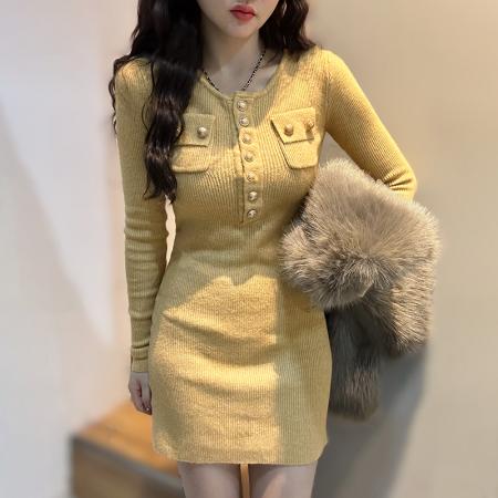 FA49271# 法式灰色针织连衣裙子女秋冬季新款高级感纯欲修身内搭包臀裙 服裝批發女裝批發服飾貨源