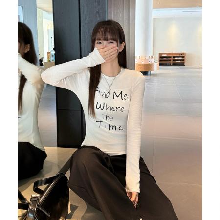 FA49274# 字母印花圆领长袖t恤女秋冬新款修身长袖t恤上衣 服裝批發女裝批發服飾貨源