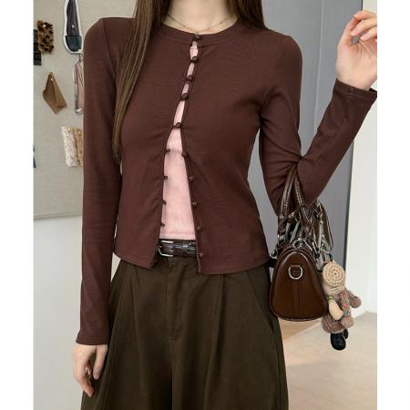 FA49275# 咖拼粉复古长袖t恤女冬季打底衫可外穿修身假两件上衣 服裝批發女裝批發服飾貨源