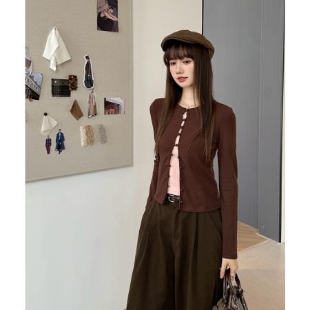 FA49275# 咖拼粉复古长袖t恤女冬季打底衫可外穿修身假两件上衣 服裝批發女裝批發服飾貨源