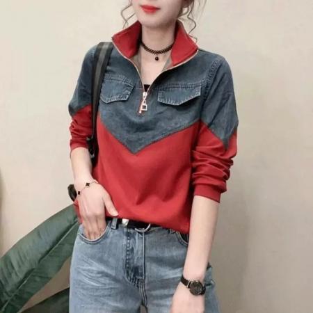 FA49278# 拼接牛仔立领卫衣女春季新款别致百搭洋气显瘦半拉链休闲上衣 服裝批發女裝批發服飾貨源