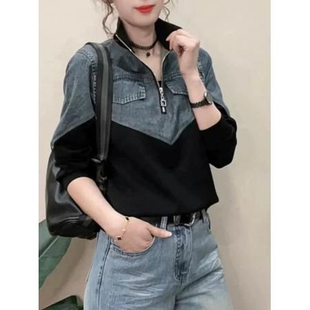 FA49278# 拼接牛仔立领卫衣女春季新款别致百搭洋气显瘦半拉链休闲上衣 服裝批發女裝批發服飾貨源