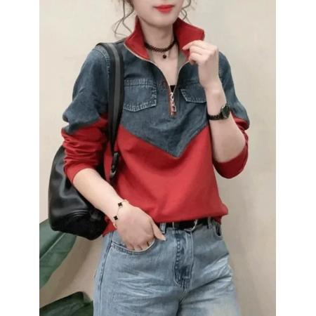 FA49278# 拼接牛仔立领卫衣女春季新款别致百搭洋气显瘦半拉链休闲上衣 服裝批發女裝批發服飾貨源