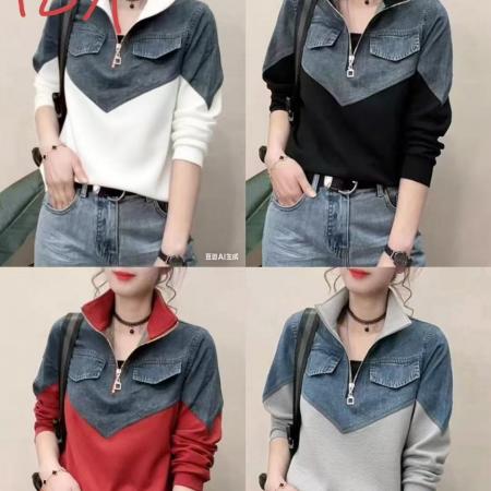 FA49278# 拼接牛仔立领卫衣女春季新款别致百搭洋气显瘦半拉链休闲上衣 服裝批發女裝批發服飾貨源